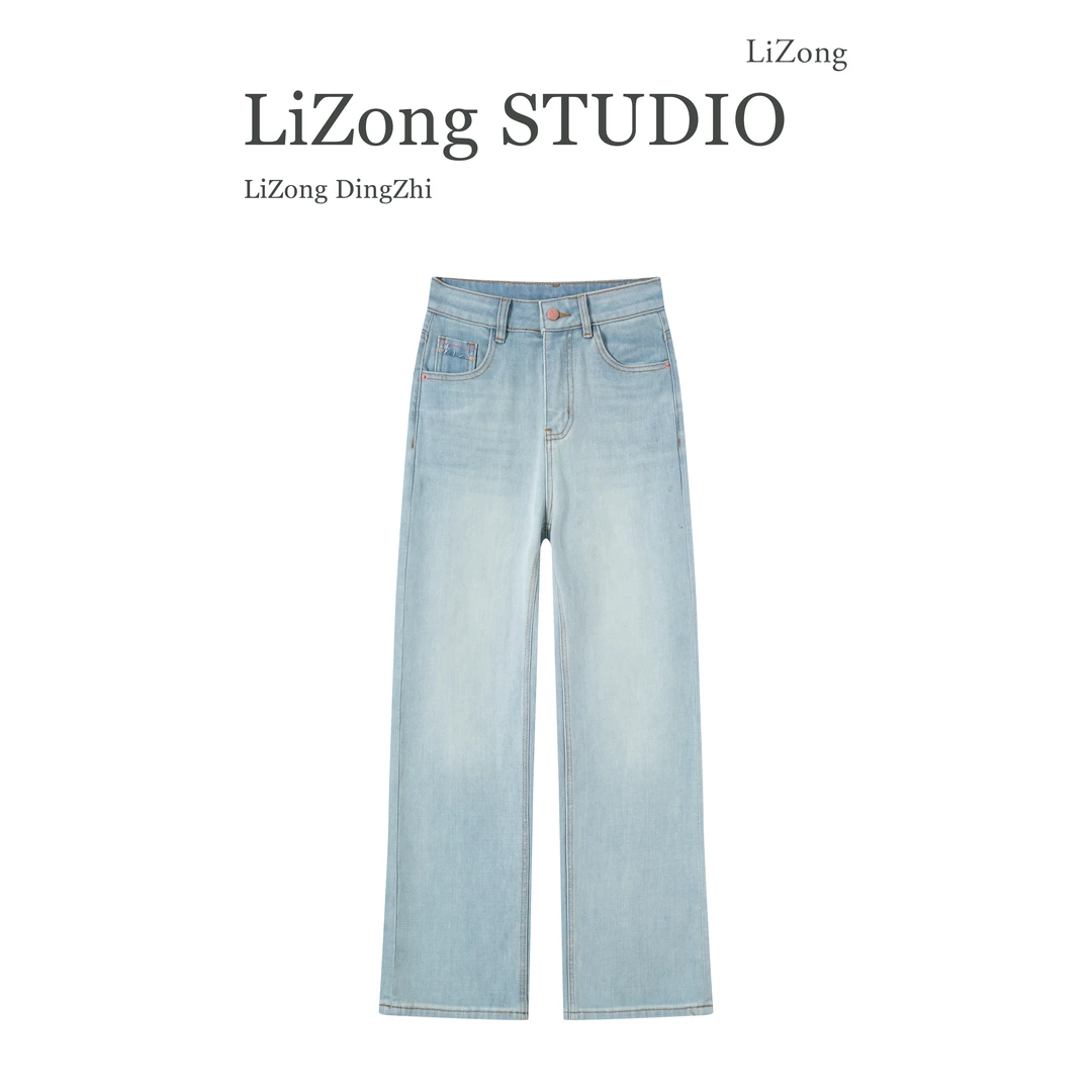 PF-7236浅蓝色直筒牛仔裤女2025夏季新款大码mm中高腰窄版直筒裤@