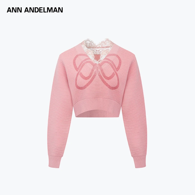 ANN ANDELMAN【商场同款新品】25早春logo蕾丝粉色短款毛织针织衫