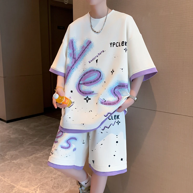 夏季新款中学生潮流上衣潮流圆领短袖短裤青少年男生休闲运动套装