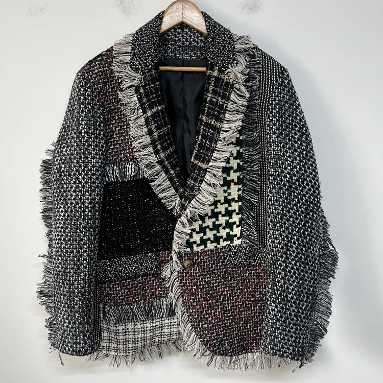 限量男装 粗花呢流苏毛边不对称拼接原创设计师休闲外套西服装