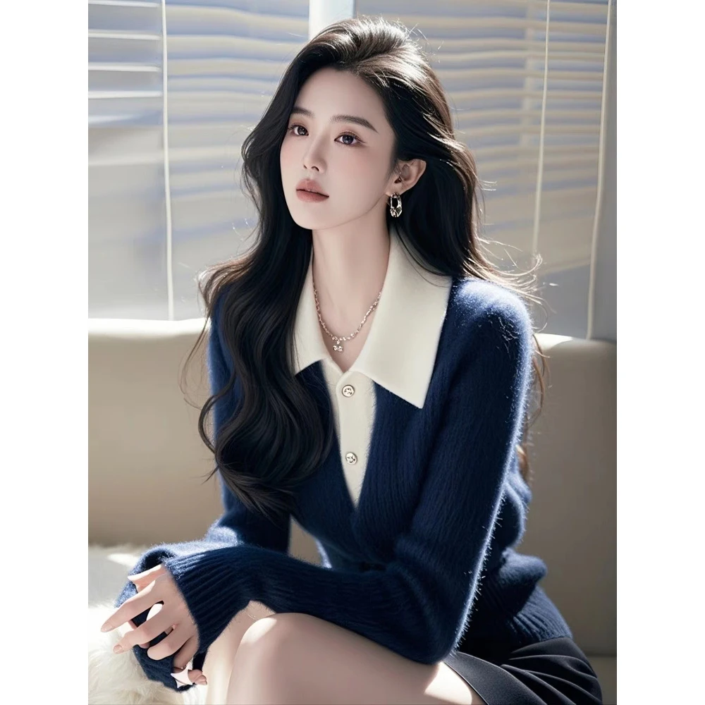 高级感蓝白拼色翻领女2024秋冬新款软糯内搭针织衫上衣