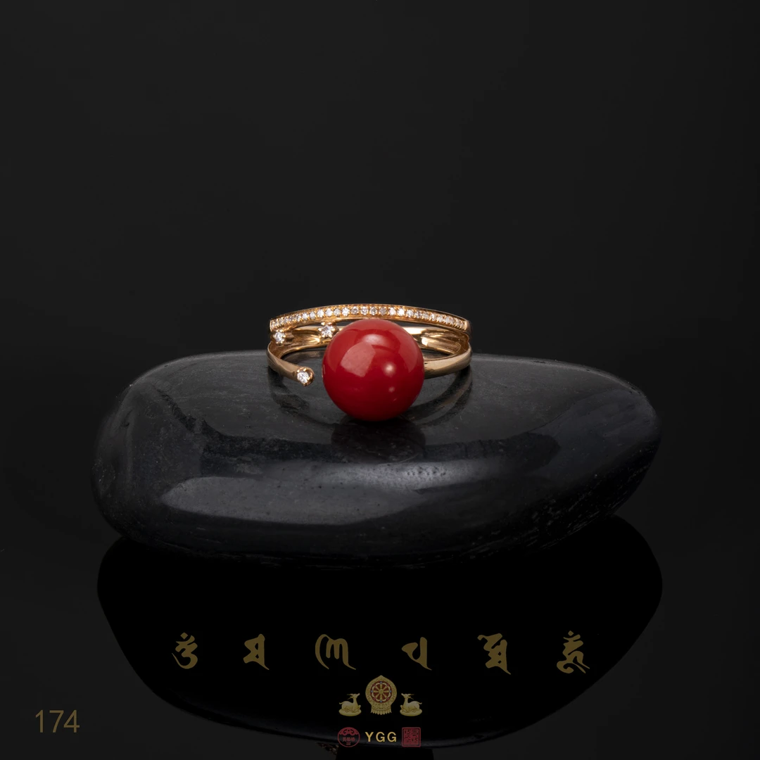 K员格格/阿卡红珊瑚圆珠金镶戒指/XIHU174