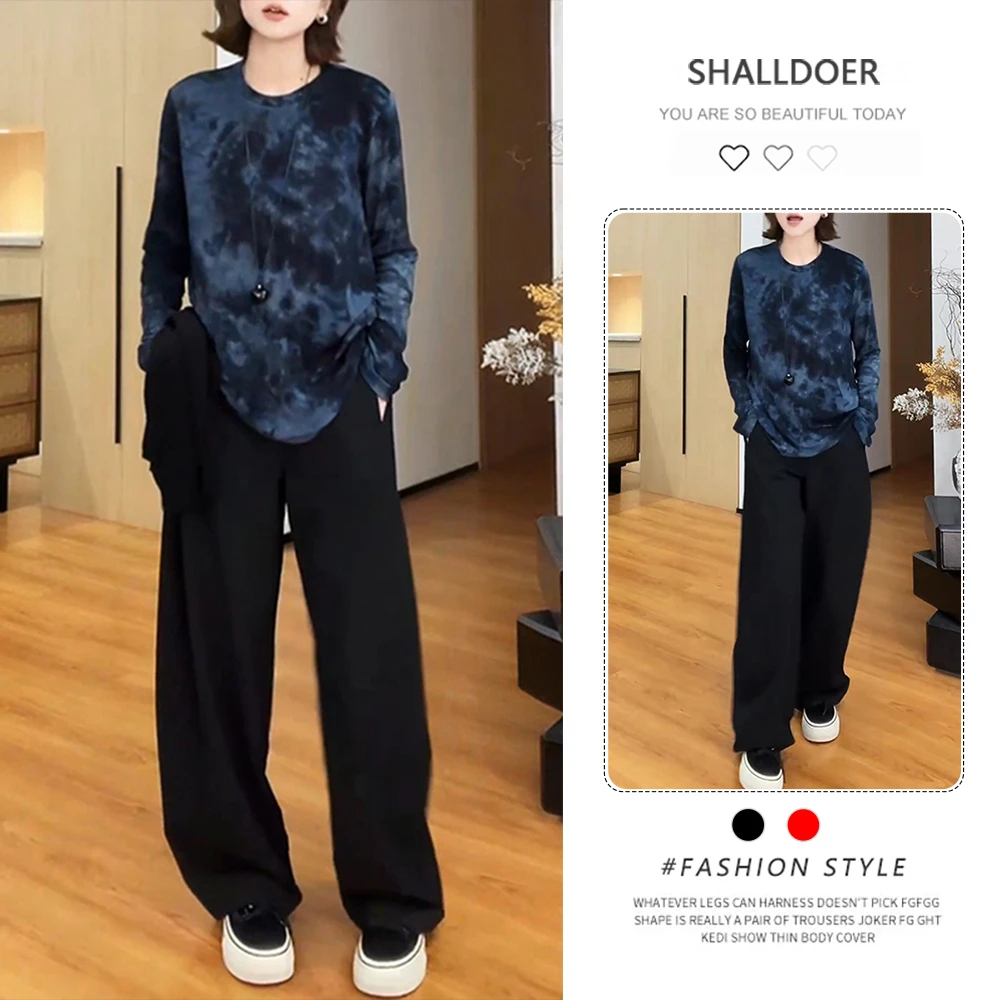港风复古时髦套装女2025年春秋新款撞色扎染长袖t恤阔腿裤两件套