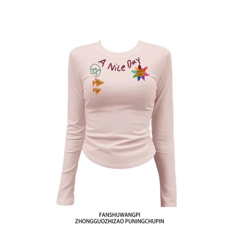 设计感小众上衣女秋季长袖高级感修身显瘦印花T恤洋气百搭大气