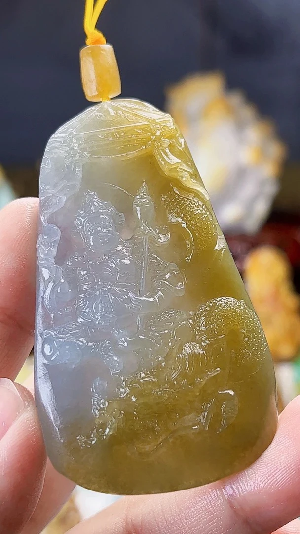 天然缅甸翡翠冰黄翡财宝天王财神毛货买断需抛光尺寸高66宽37厚9