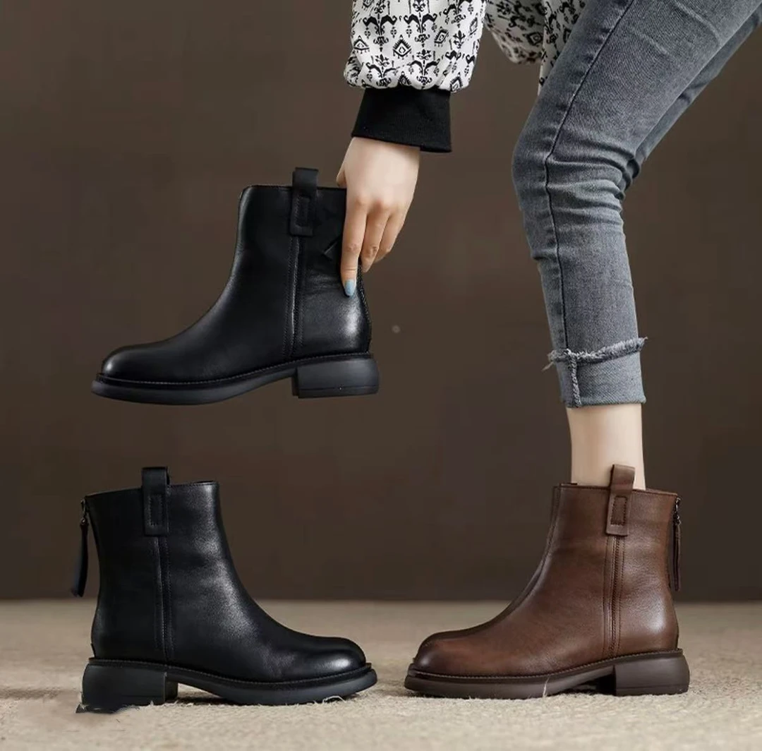 W1911-1女单靴秋冬季新款加绒短靴英伦风切尔西靴 薄绒