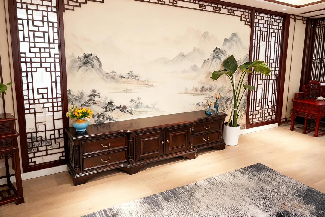 （凸型电视柜）红樱桃原木实木电视柜美式电视柜