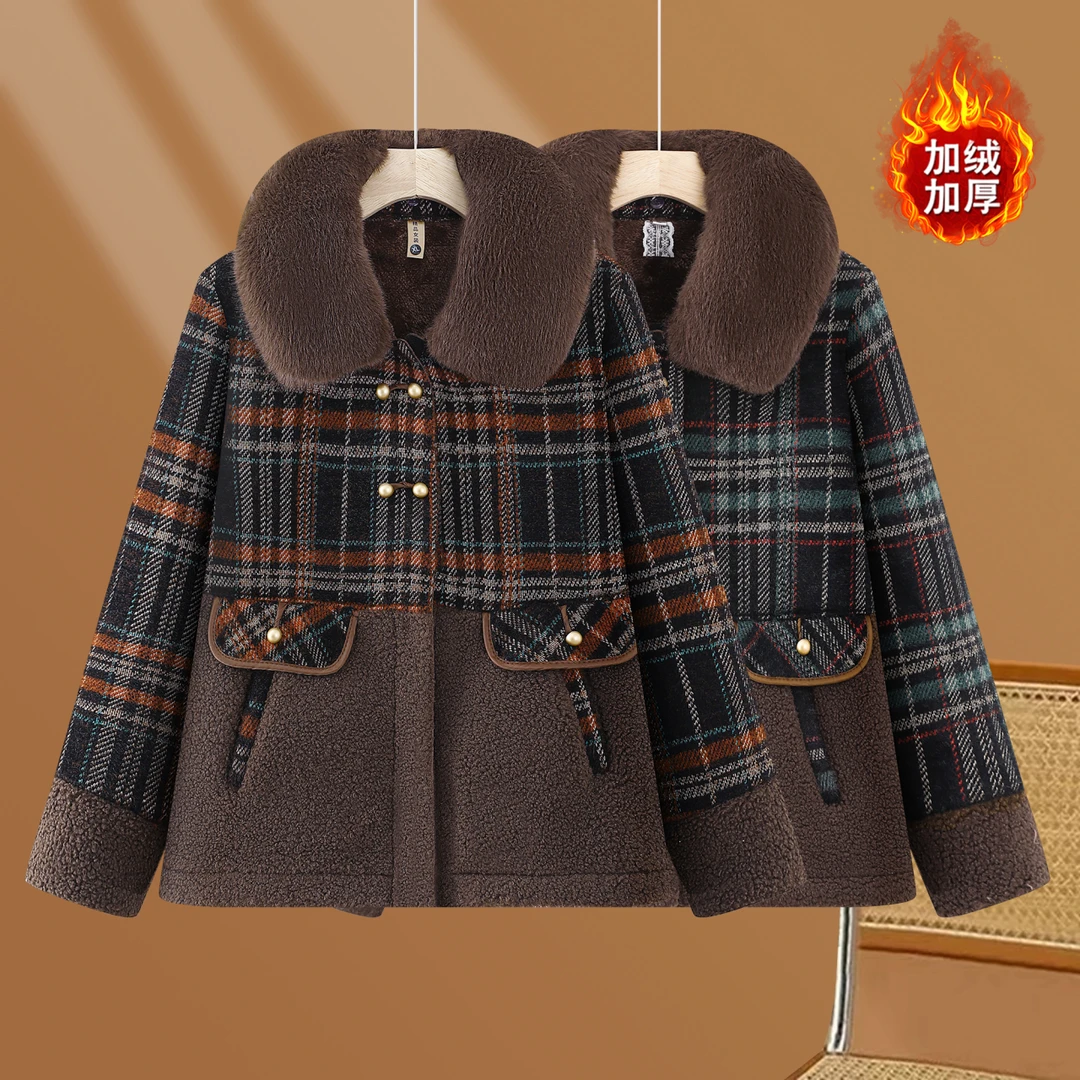 妈妈冬装新款加厚毛呢子外套加绒加厚格子棉衣洋气中老年女装棉袄