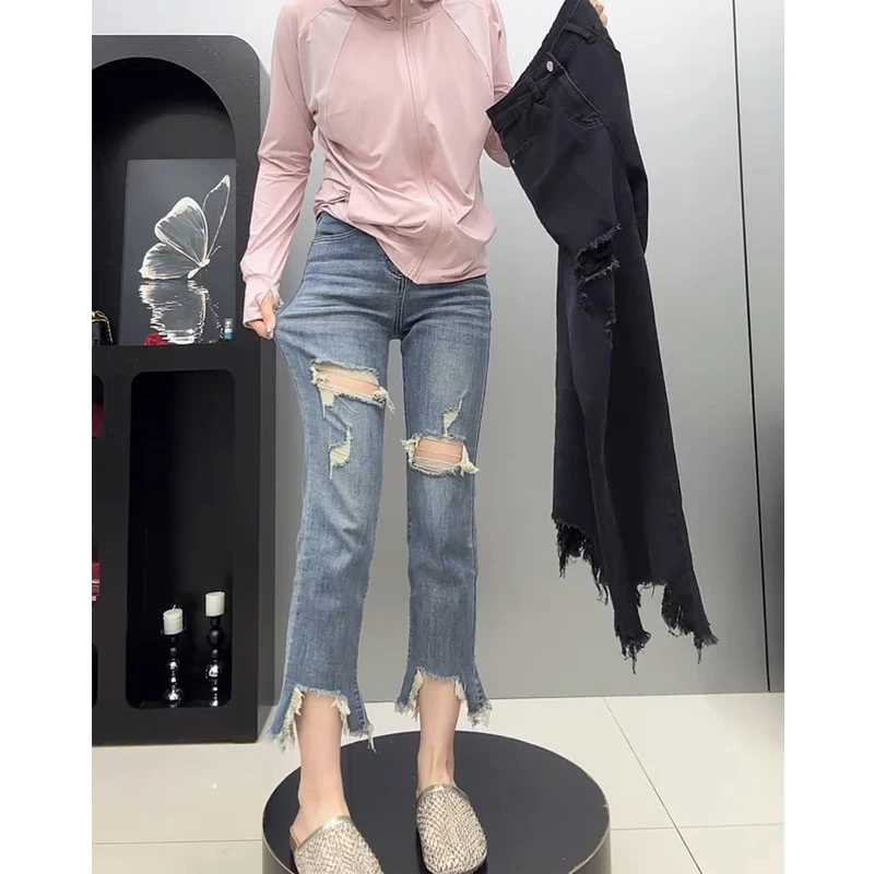 蓝色破洞直筒牛仔裤女夏薄款大码胖mm高腰宽松显瘦毛边九分烟管裤