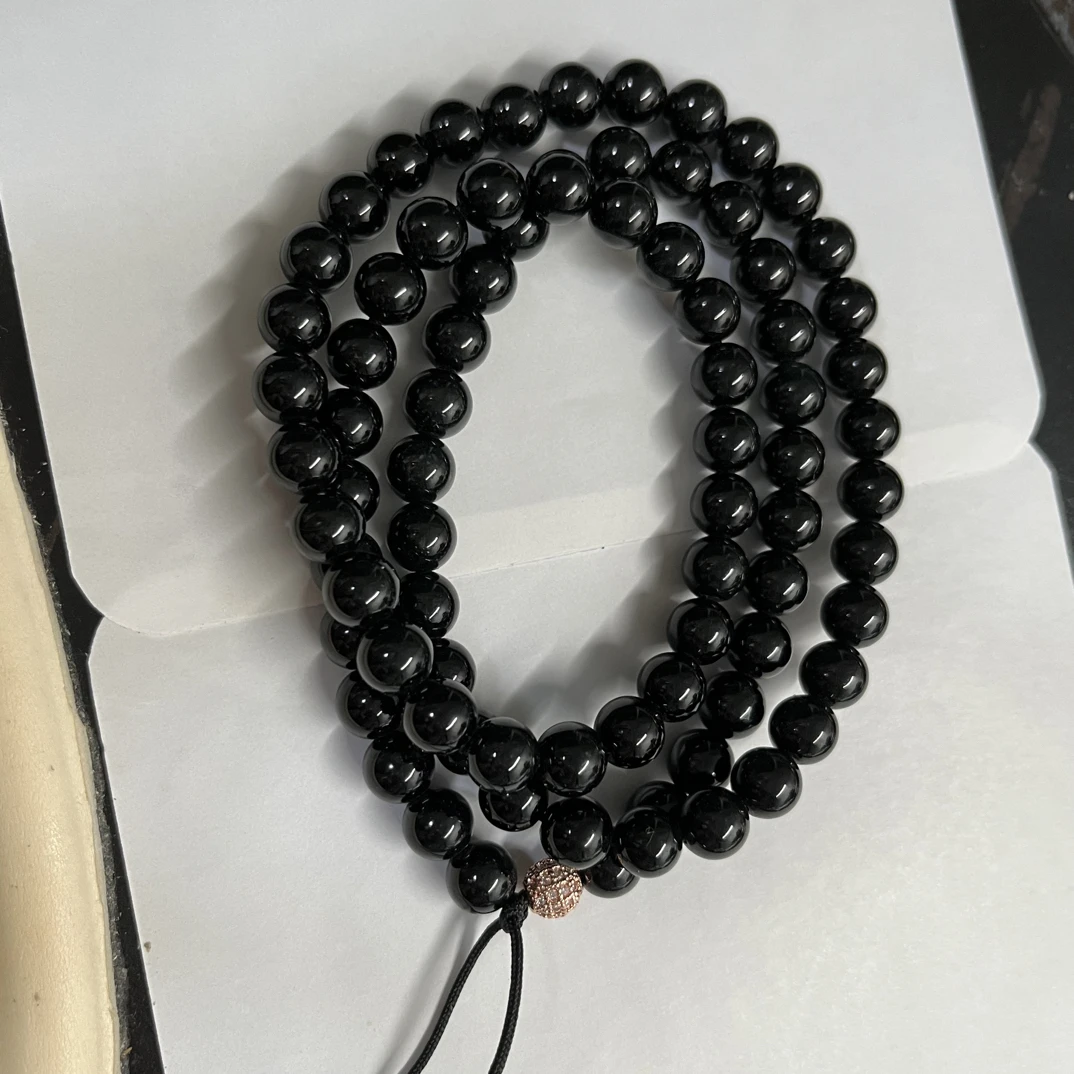 天然翡翠a货缅甸墨翠卡8mm珠链80颗十级黑