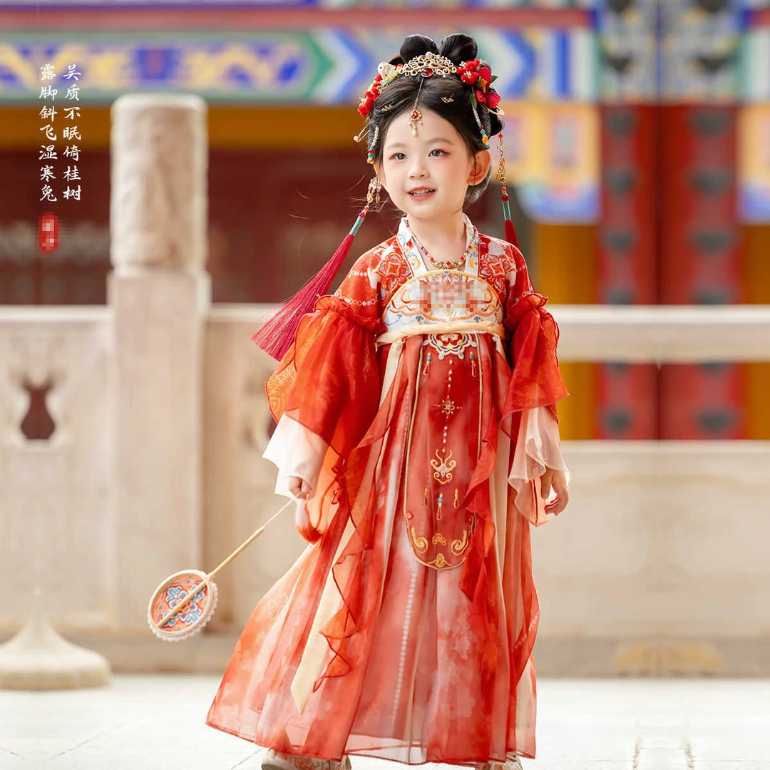 汉服女童2025春秋儿童高端仙气国风公主连衣裙女孩红色喜庆公主裙