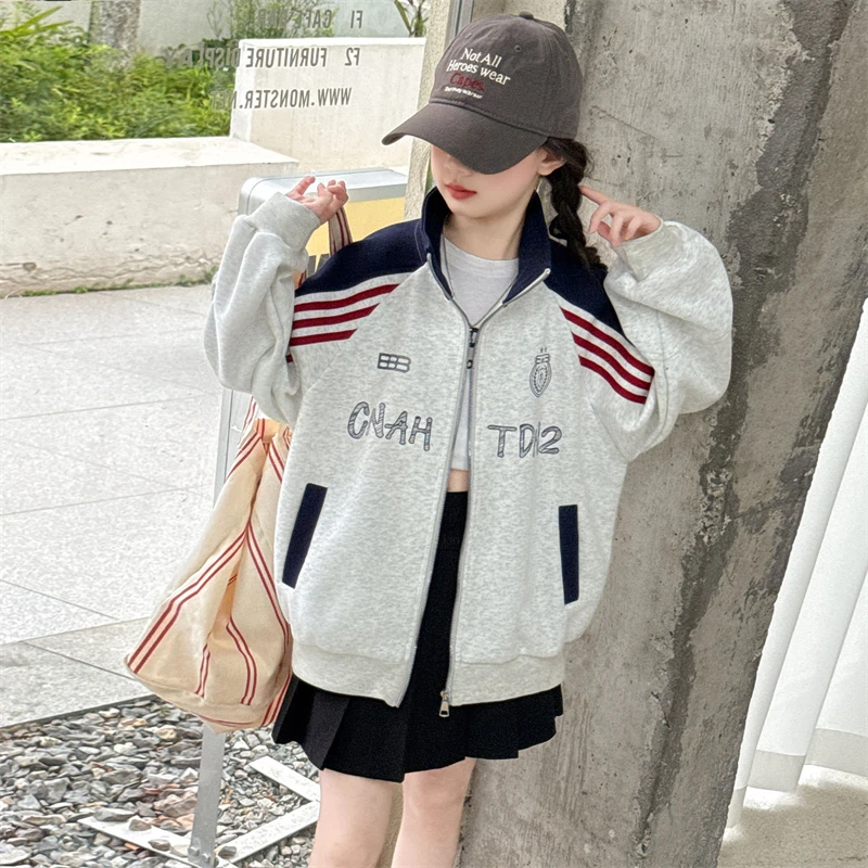 女童秋装美式复古立领卫衣外套8-15岁初中生春秋字母拼接棒球服潮