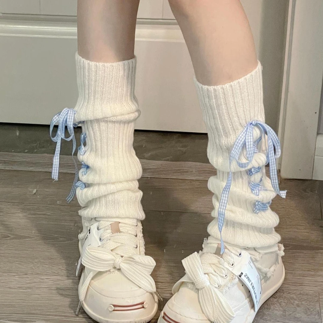 2026爆款格纹蝴蝶结堆堆袜y2k少女白色亚文化辣妹小众腿套显瘦