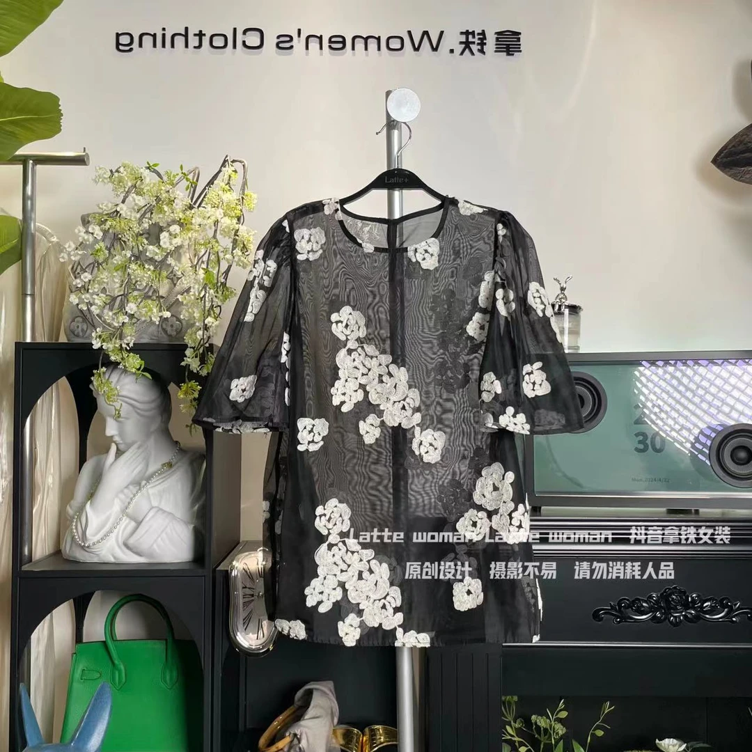 新中式刺绣提花国风衬衫女新款短袖T恤上衣