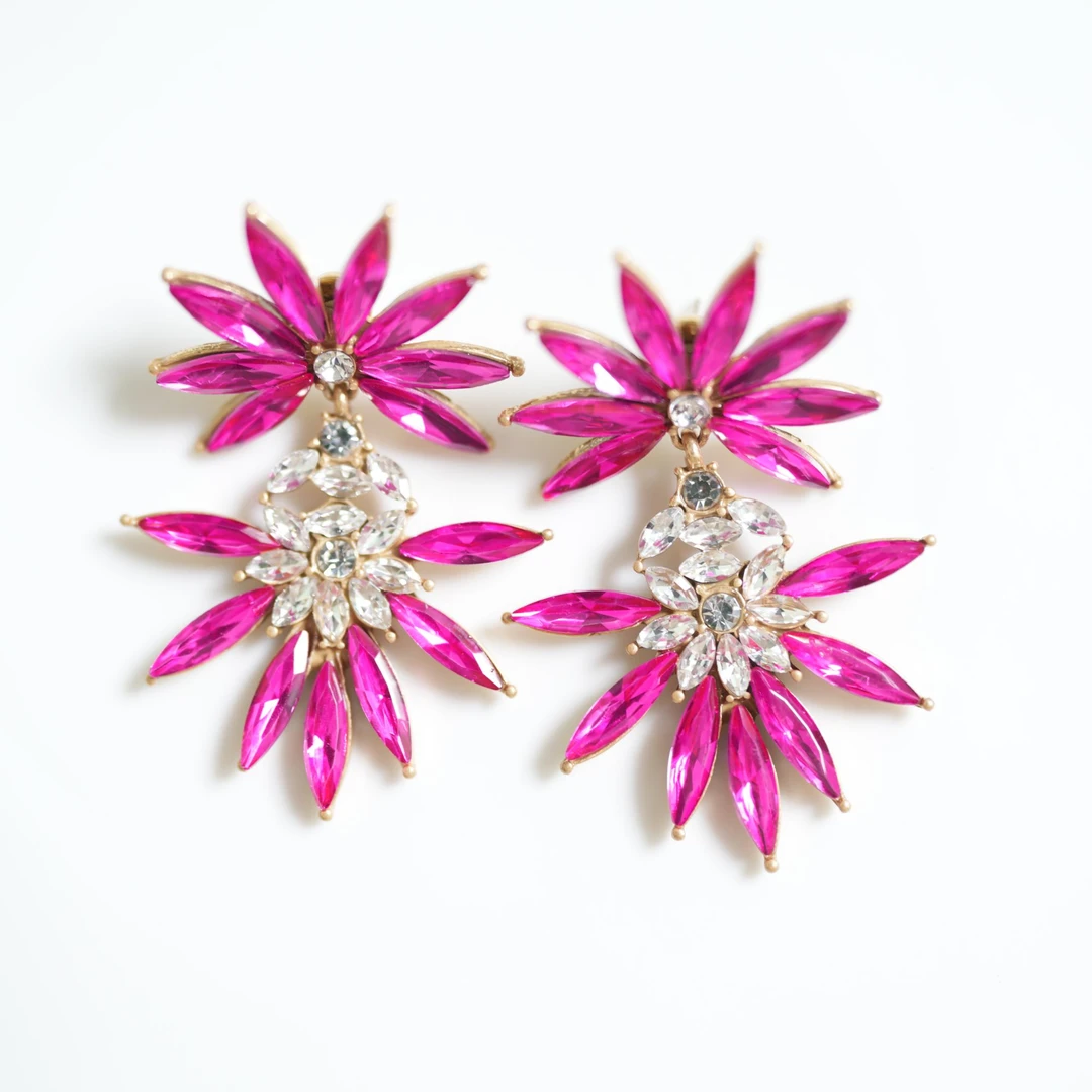 铜合金锆石耳饰 5315西洋中古风 vintage复古做旧玫红色雪花耳环