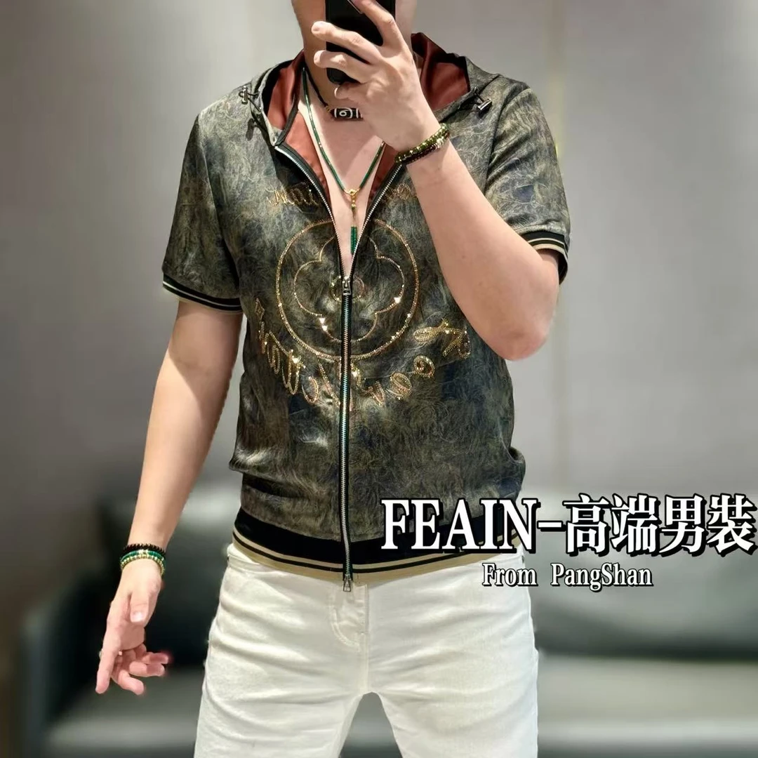 高端定制进口丝柔贡缎男士拉链奥钻四叶草短袖连帽夹克2415