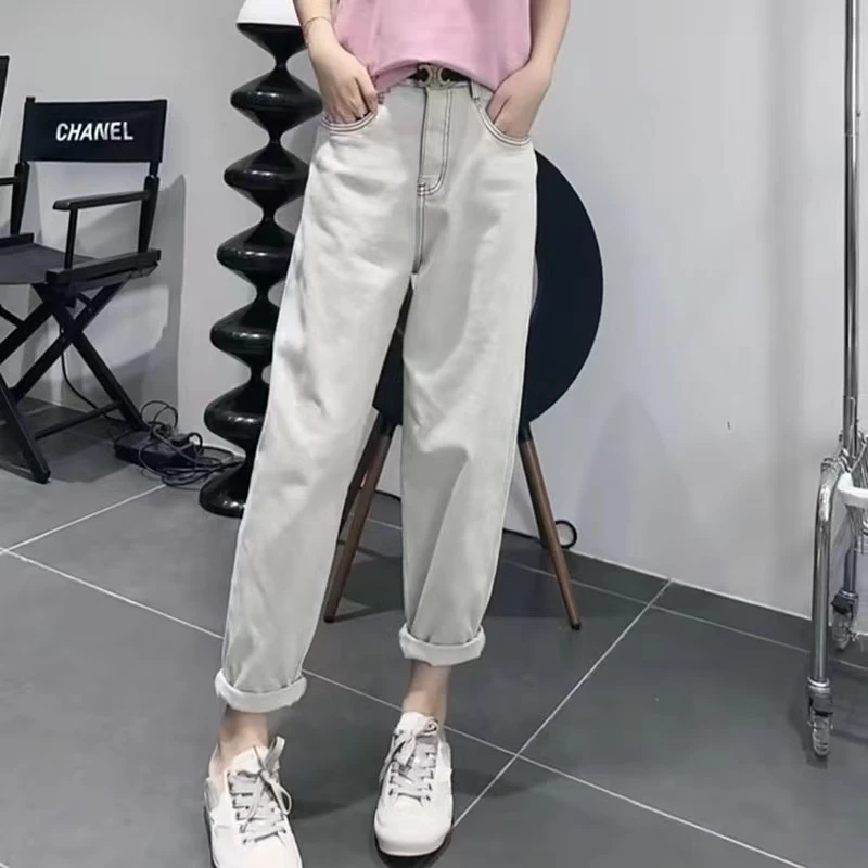 夏季胖MM薄款乳白色高腰舒适休闲大码梨形显瘦女款新潮牛仔裤6350