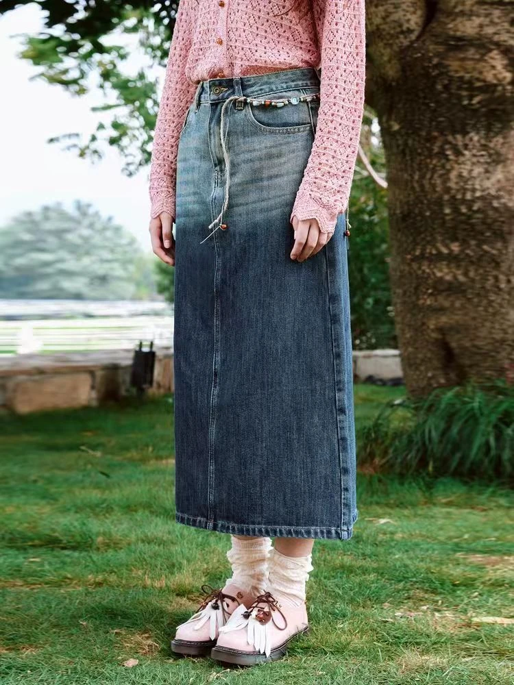 1010漪复古牛仔半身裙女下开叉设计