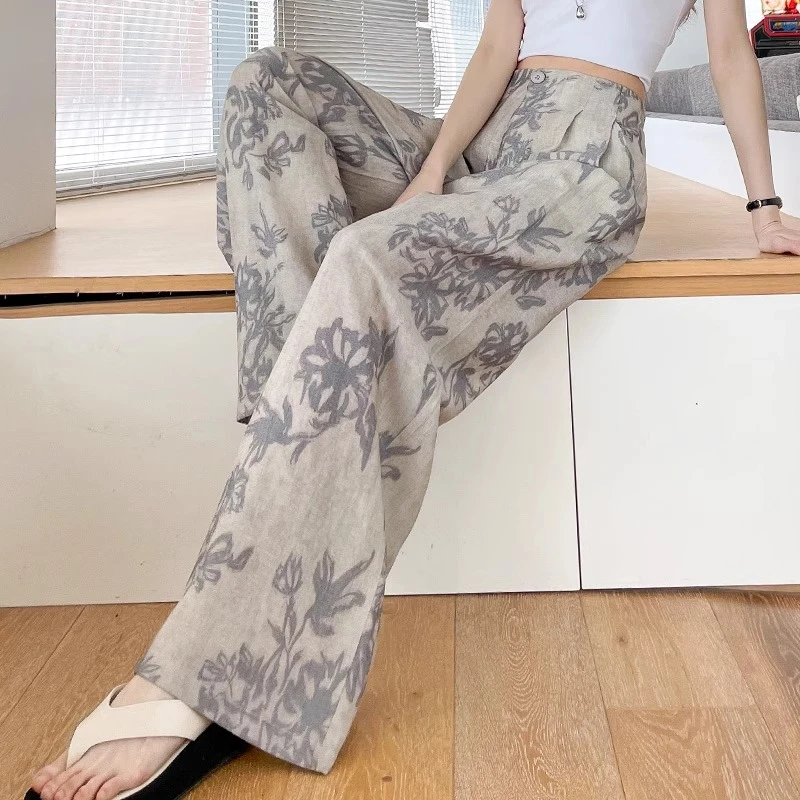 直筒水墨印花洋气小众裤子女装宽松长裤2025年夏天新款休闲裤大气