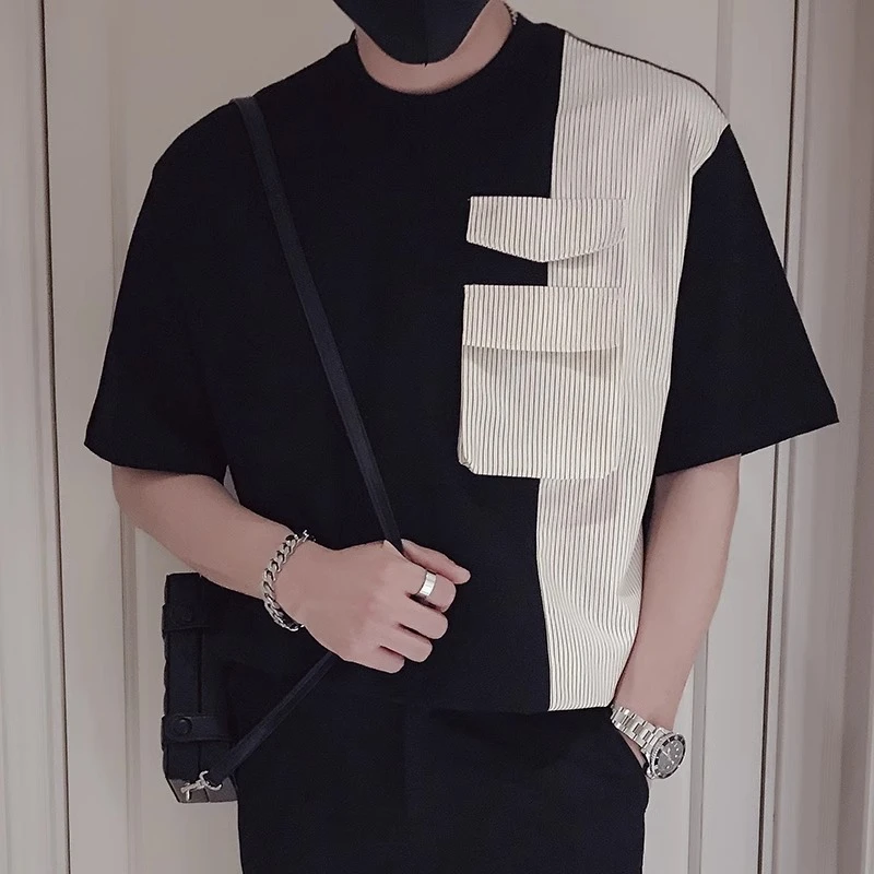 潮流拼接短袖运动t恤男夏季潮流潮牌感黑色半袖休闲圆领男士上衣