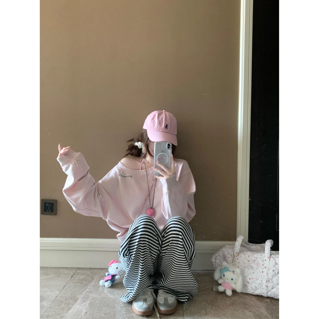 纯欲风露肩睡衣女2025春秋新款家居服套装条纹长裤阔腿裤可外穿