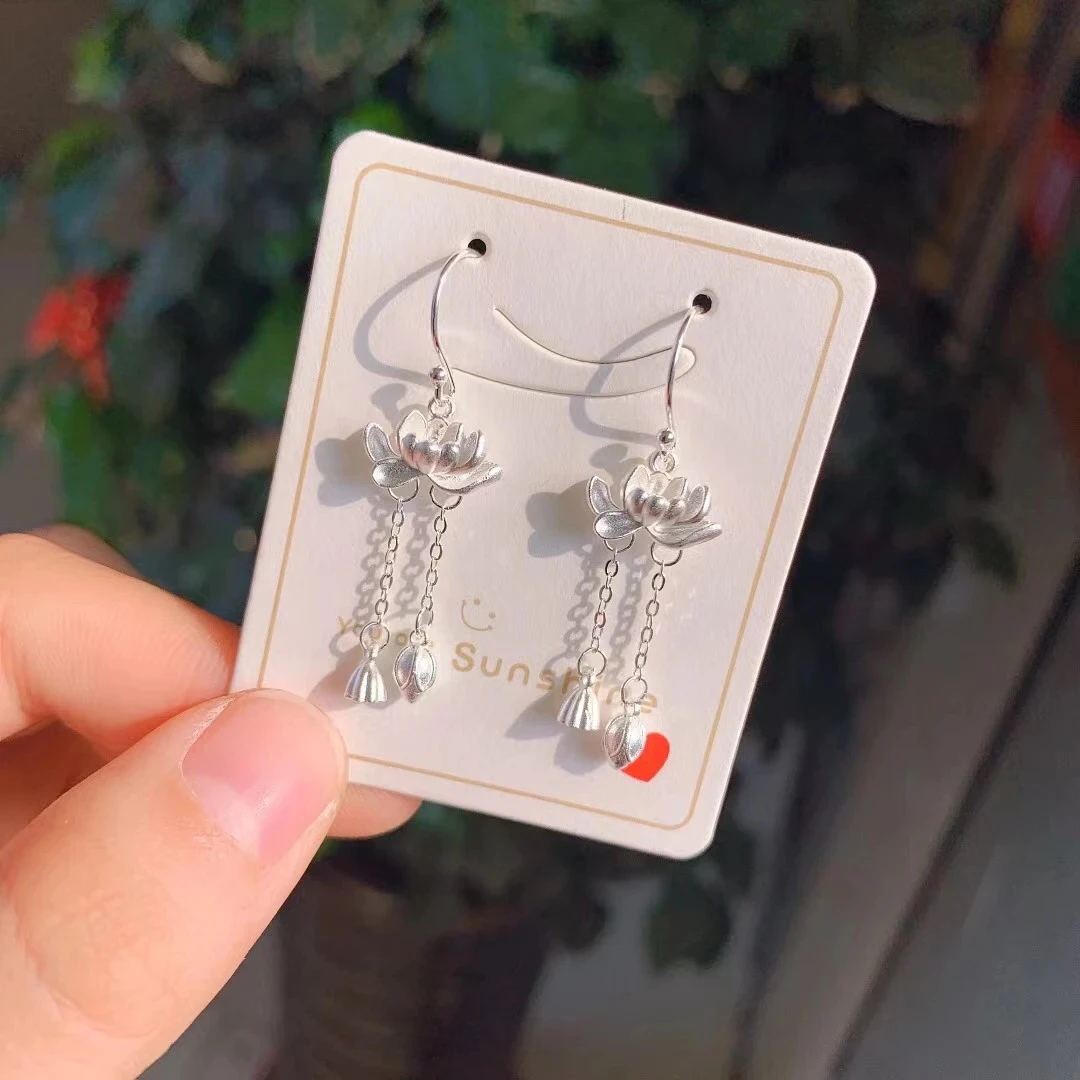 足银耳饰 足银莲花气质时尚手工超仙仙女甜美耳环