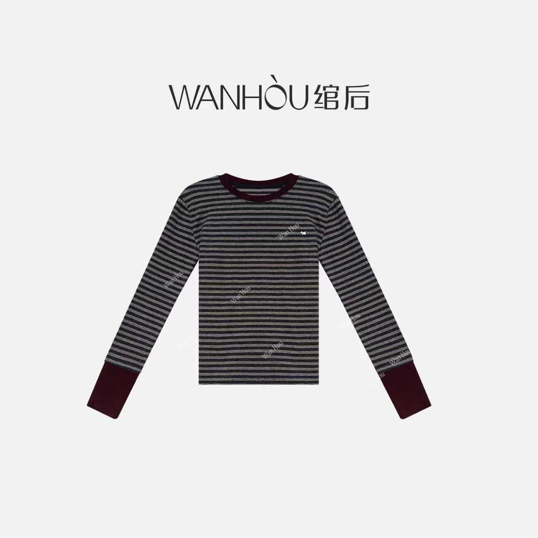 【C3593】绾后-韩版秋季款百搭修身撞色条纹长袖上衣SS