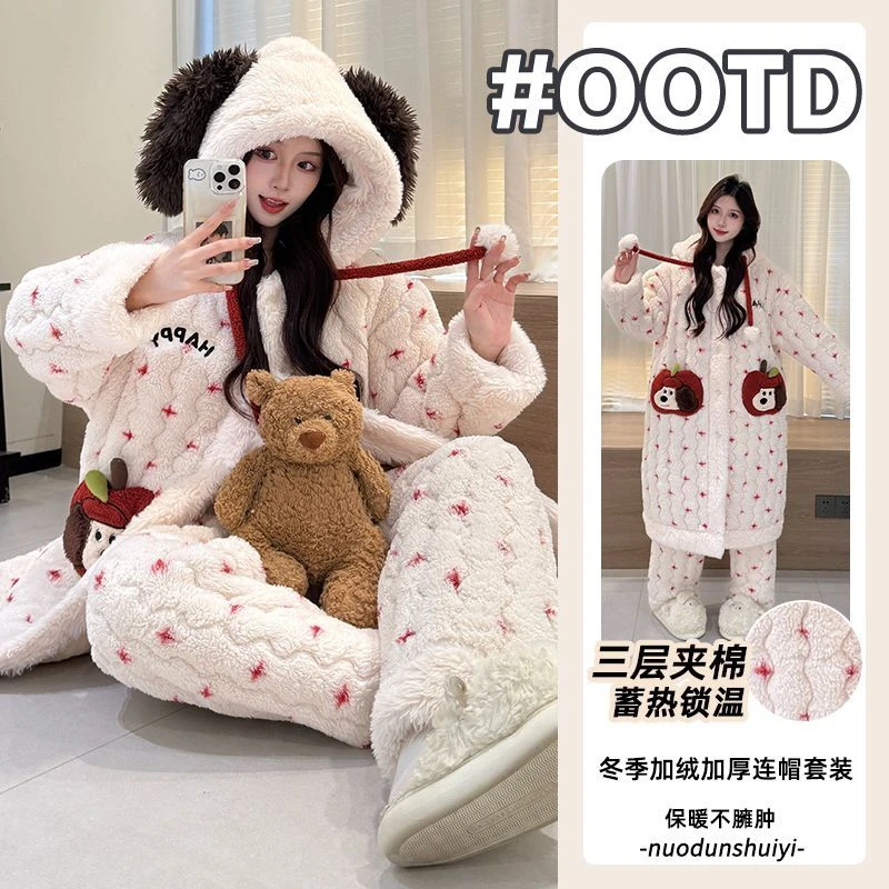 睡衣女2025年秋冬款三层夹棉苹果狗珊瑚绒加绒加厚保暖女士家居服