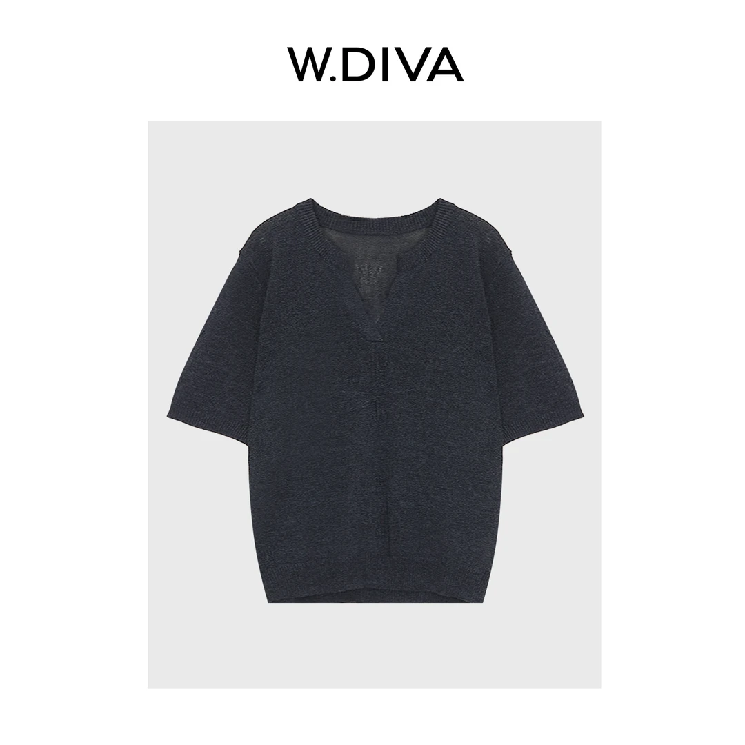 W.Diva【高智感】老钱风简约肌理质感剪刀领短袖针织衫52Z212155