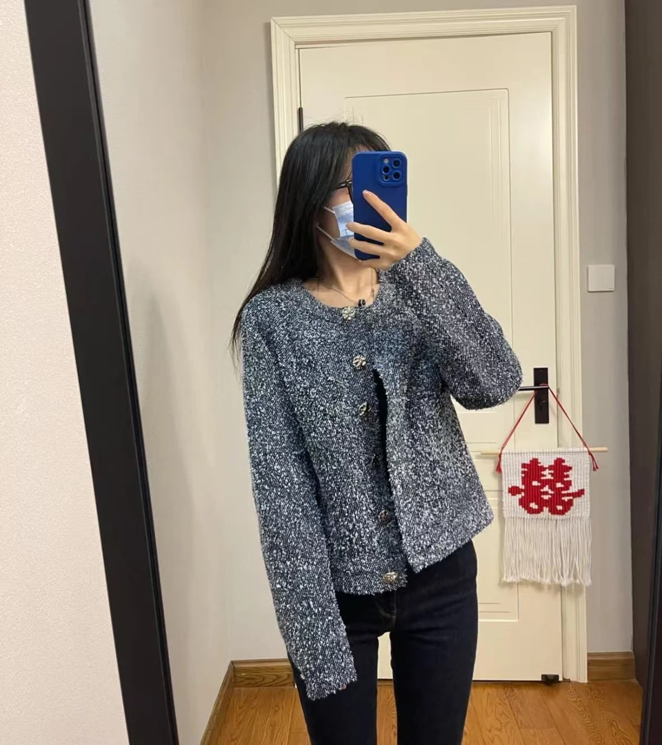 M胸108长55法式肌理感单排扣短外套上衣蓝色百搭 7971