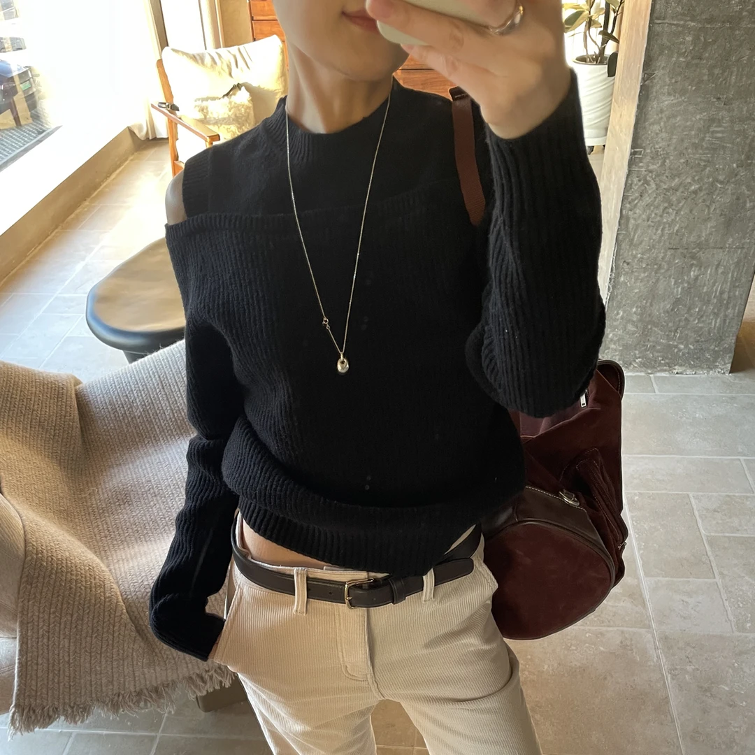 【the like 海敏同款】黑色 设计感秋冬针织毛衣 显瘦 小漏肩
