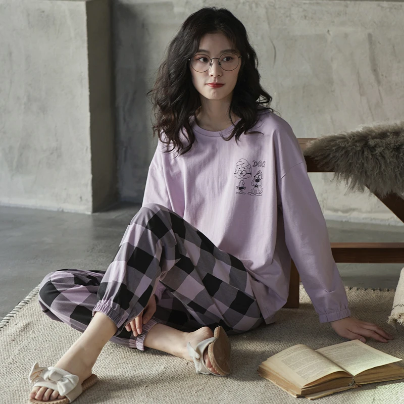 dolami/多拉美睡衣女秋冬季纯棉长袖卡通甜美格子长裤家居服套装