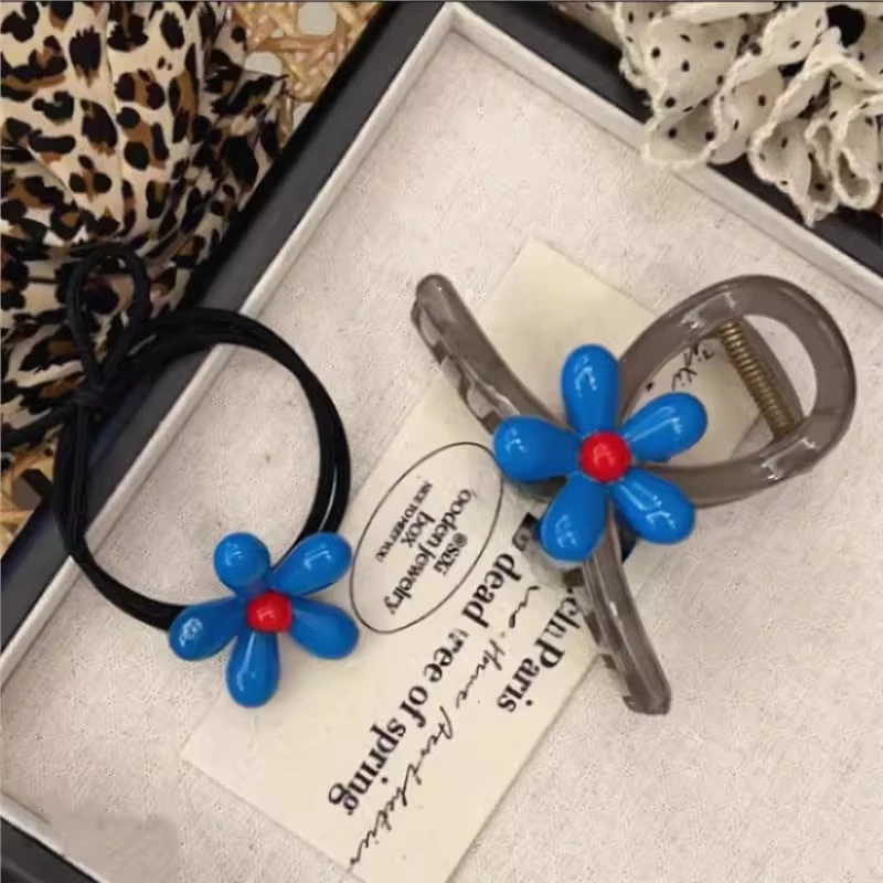 韩版秀气蓝色小花盘发抓夹高级感气质时尚甜美网红发夹发圈