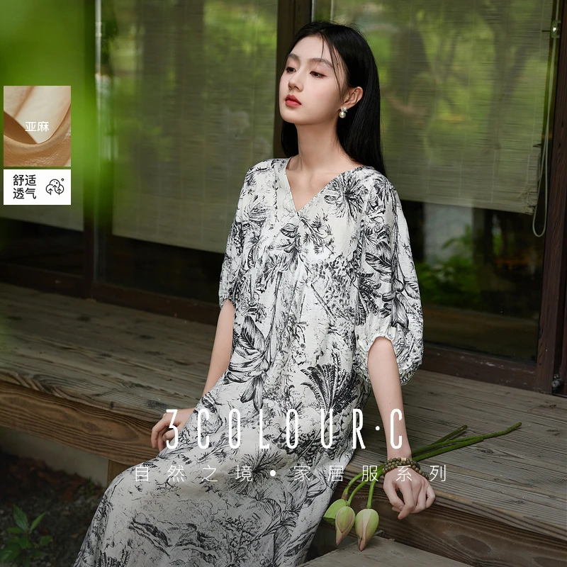 三彩【梦觉流莺】2025夏季新款家居服睡裙V领宽松长裙可外穿C