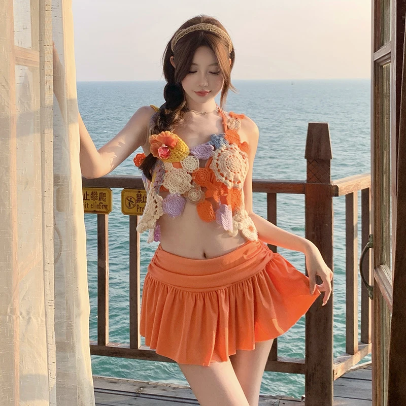 比基尼分体泳衣女款针织小胸保守裙式性感纯欲遮肚显瘦泡温泉度假