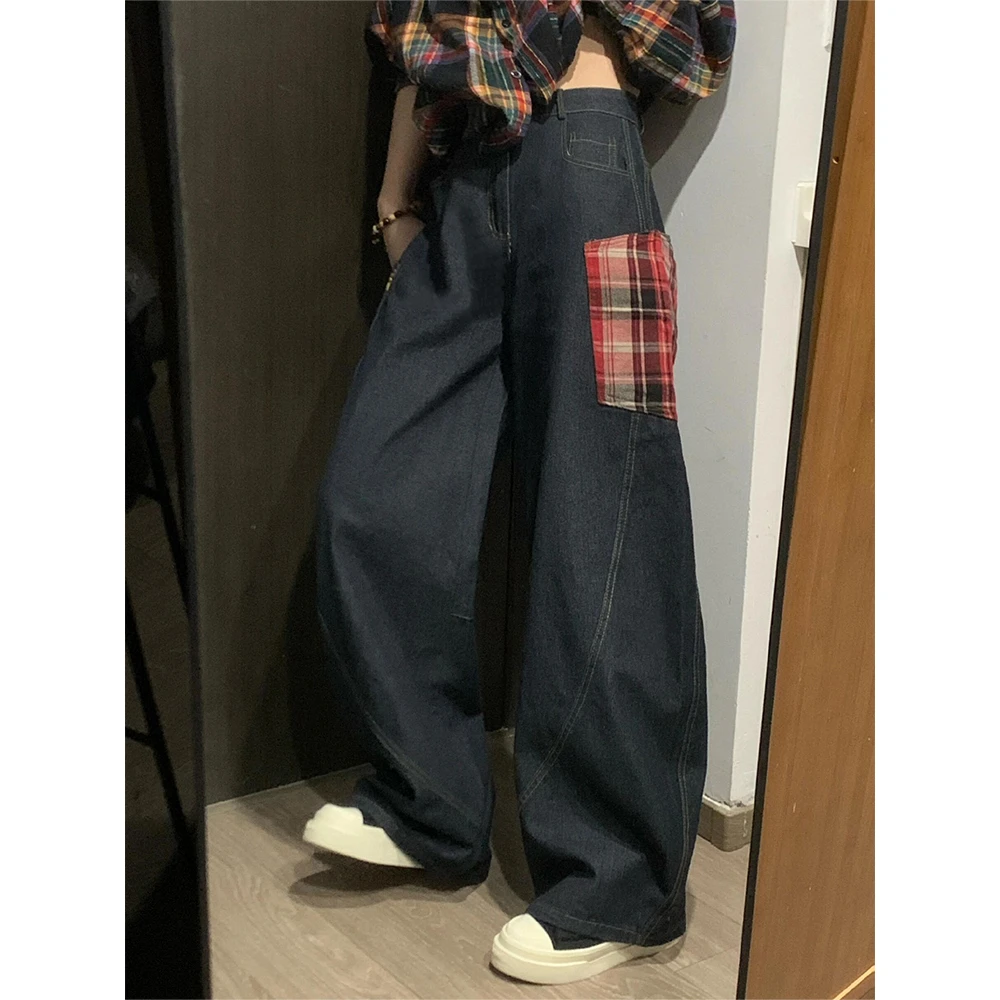 美式水洗高腰阔腿牛仔裤女夏季新款格纹拼接设计宽松百搭弯刀长裤