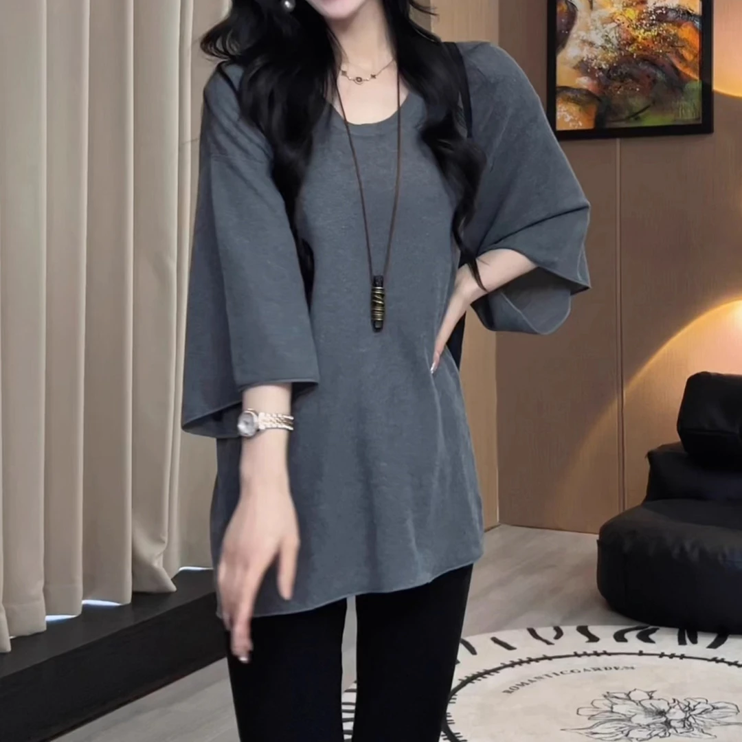 遮肉显瘦蝙蝠袖上衣夏季薄款胖MM大码女装慵懒风宽松V领短袖T恤女