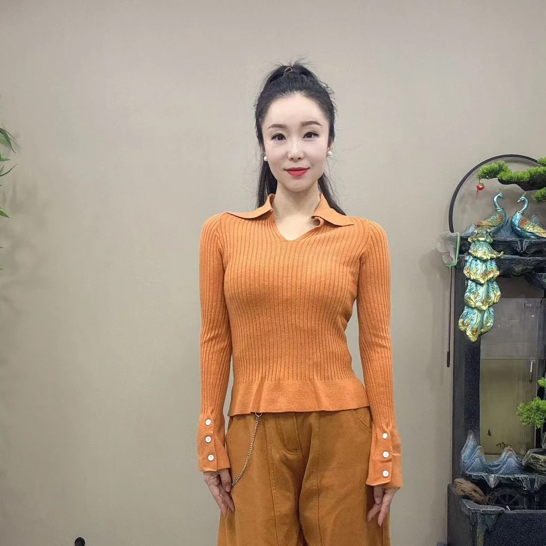 2025秋冬橘色翻领针织衫条纹弹力上衣百搭长袖毛衣