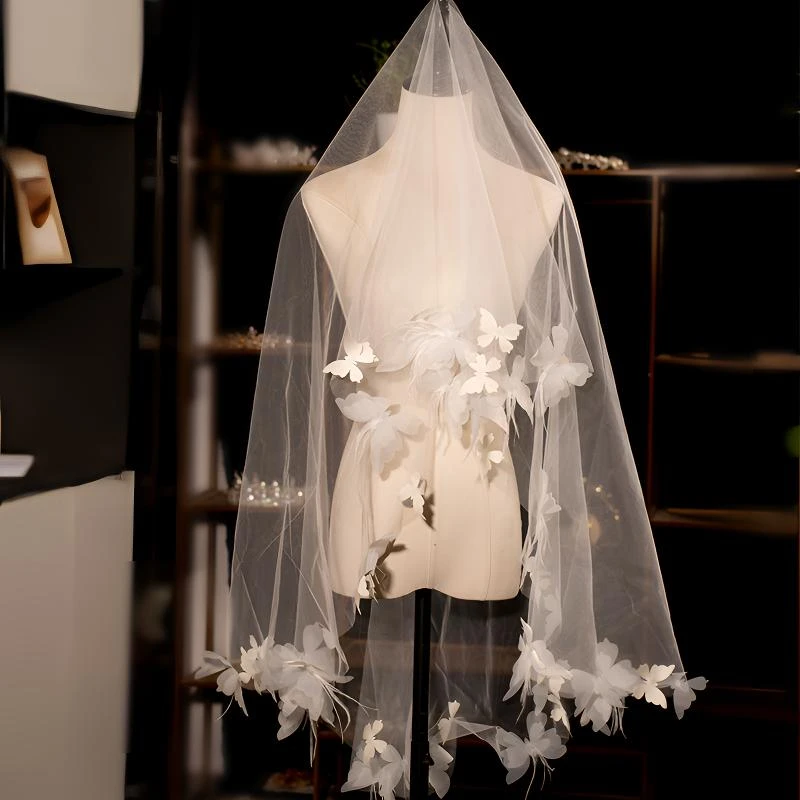 蝴蝶鸵鸟毛长头纱新娘超仙花朵森系凹造型主婚纱配饰影楼拍照道具