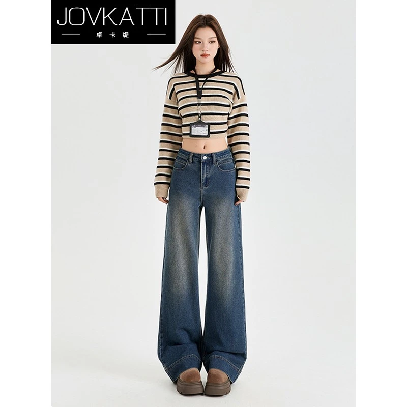 卓卡缇复古色牛仔裤窄版阔腿裤女2025新款秋季高腰显瘦宽松直筒裤