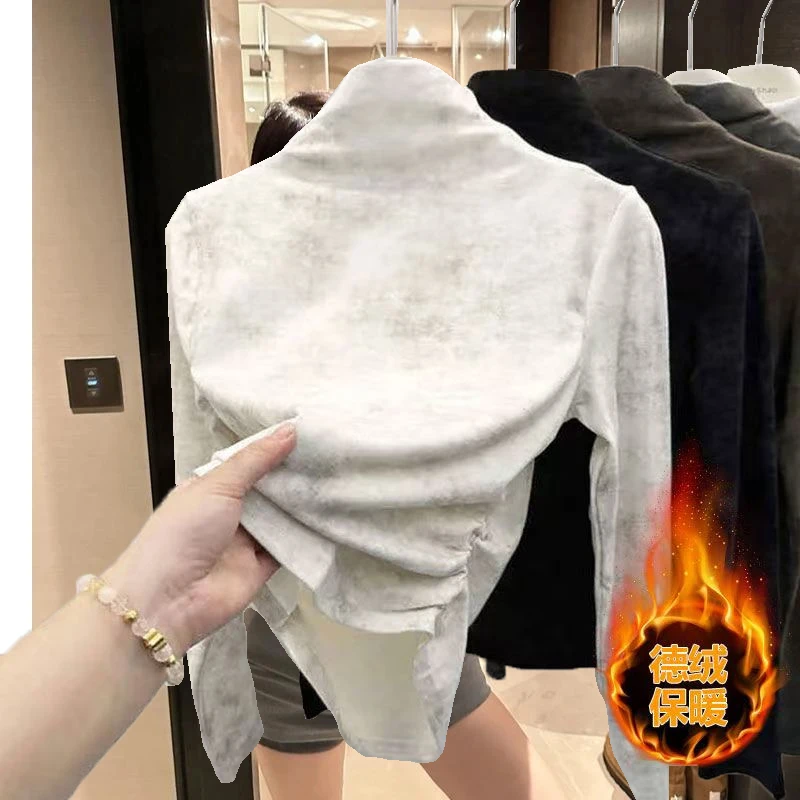 打底衫女款爆款2025新款正肩半高领褶皱收腰扎染长袖德绒内搭上衣