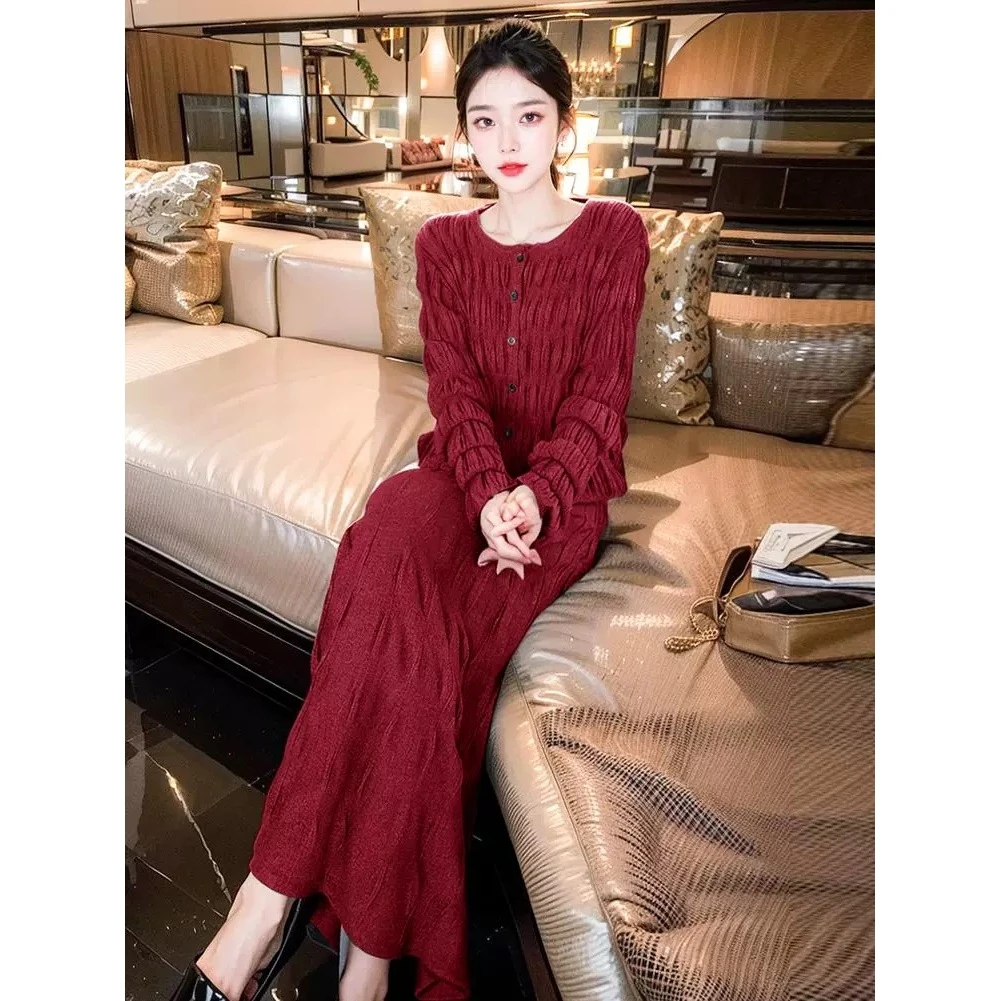 KIKI严选：1446-欧洲站南油秋季新款褶皱开衫半裙针织两件套装