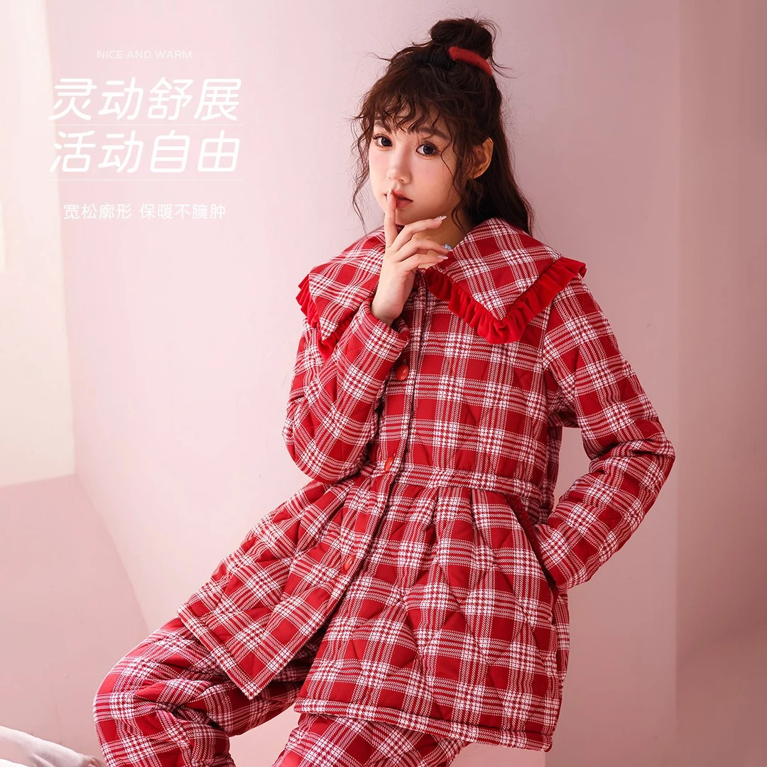 【富家千金】三层夹棉加厚睡衣女套装秋冬可外穿家居服套装-5-15℃