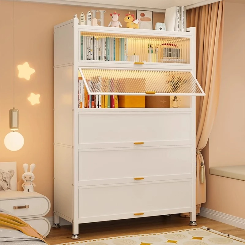 家用钢制书柜带上翻门儿童书架现代简约防尘储物柜客厅铁艺置物架