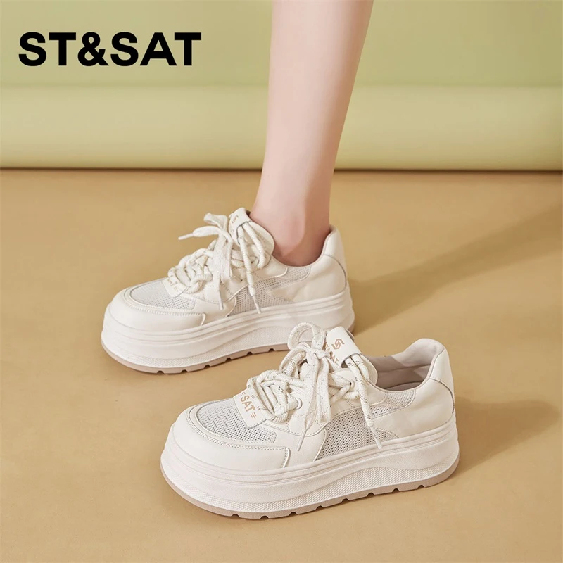 星期六厚底小白鞋女2025新款夏季透气网面小个子增高休闲运动板鞋