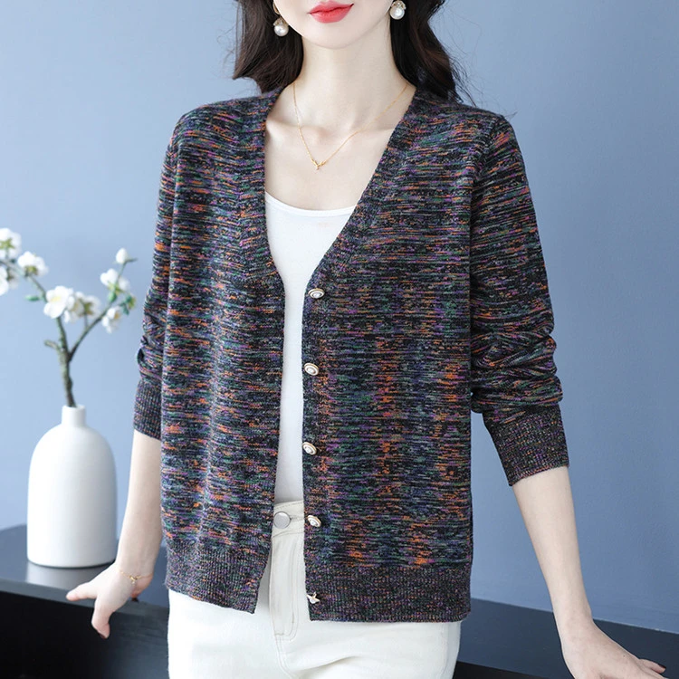 鄂尔多斯市彩纱羊毛衫外套春装新款针织开衫女士宽松毛衣外搭上衣