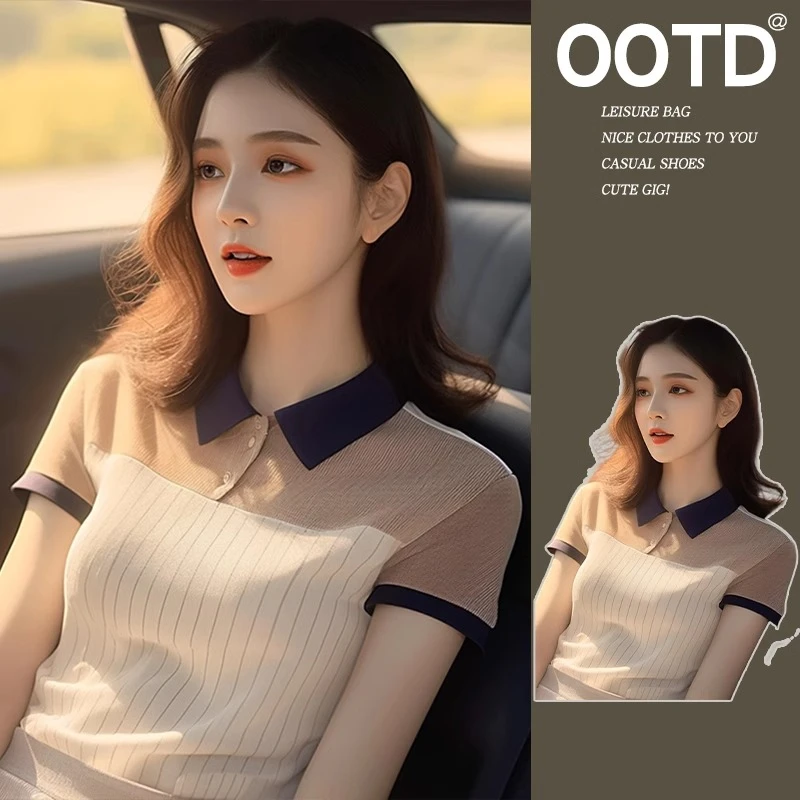 夏别致复古港风chic拼色修身polo领针织上衣设计感小众短袖t恤女