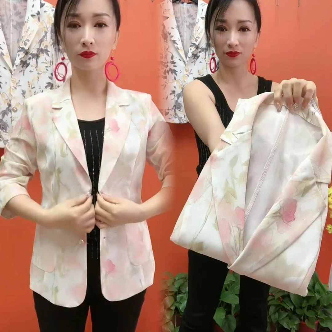 2025新款西服夏季外套七分妈妈玫瑰印花网纱短款西装时尚防晒上衣