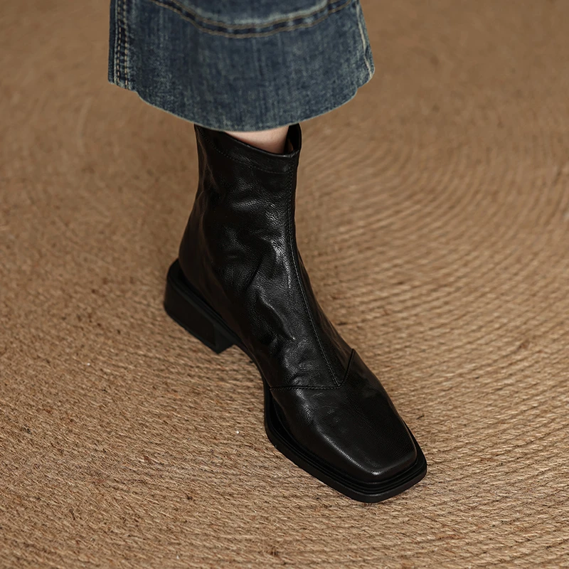 3.5cm手抓牛皮秋冬新款百搭方头粗跟女式瘦瘦短靴后拉链JN5X06