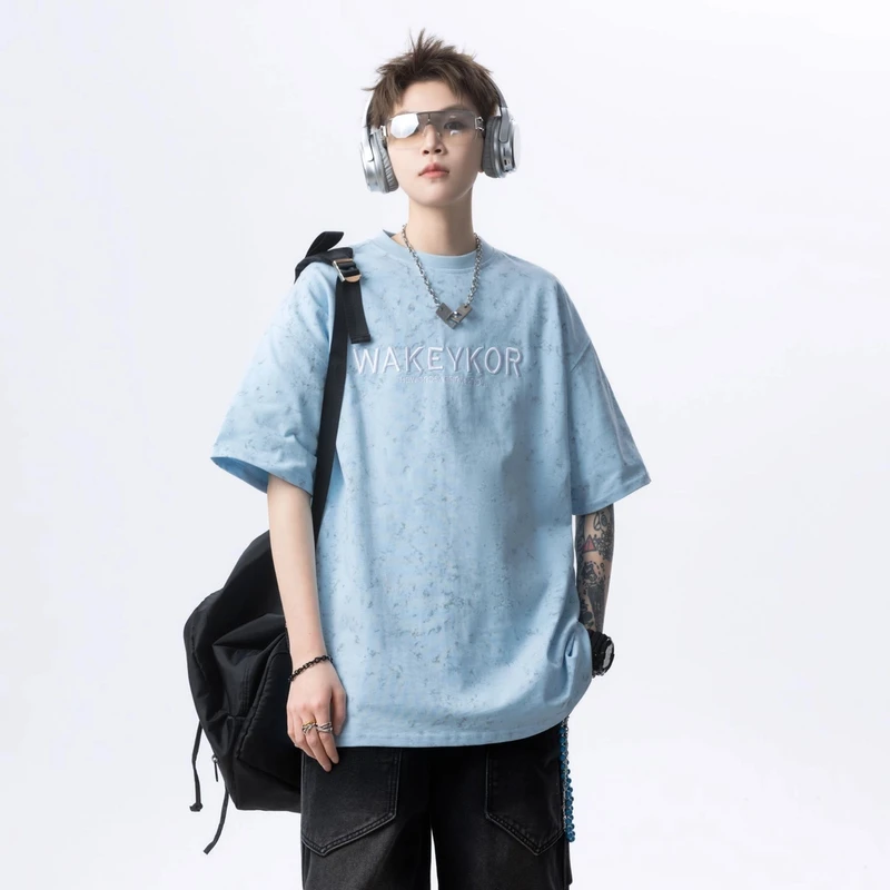 潮流夏款短袖雪花染刺绣工艺短袖男设计感小众潮牌美式复古T恤ins